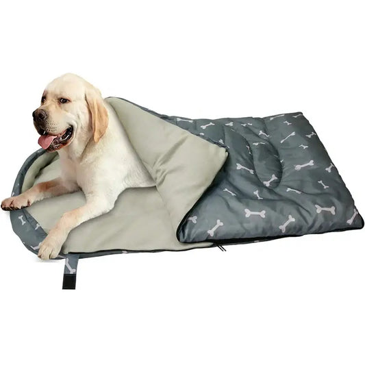 Comfort waterproof dog sleeping bag with a happy dog, showcasing ultimate comfort and cozy outdoor adventures.