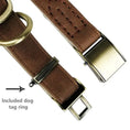 Load image into Gallery viewer, Luxury leather dog collar showing durable buckle and included dog tag ring for secure attachment.
