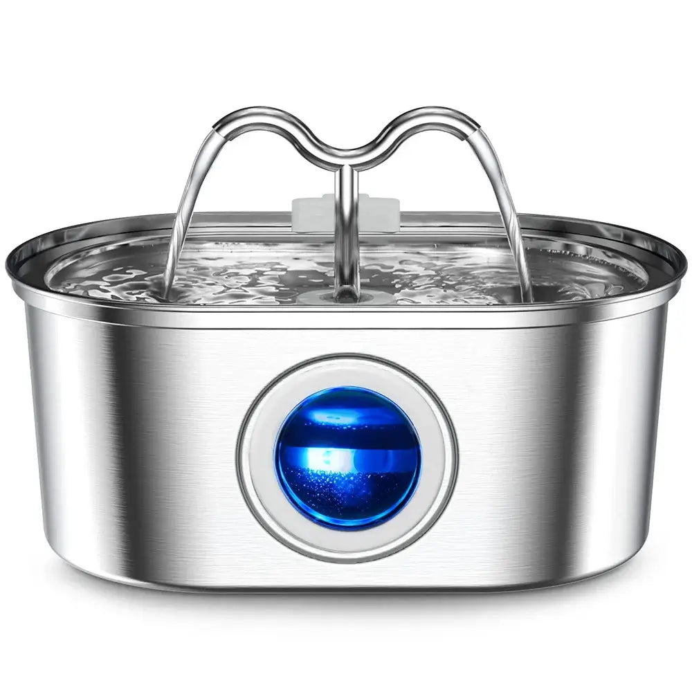 3.2L stainless steel pet water fountain with dual streams and blue LED light for enhanced hydration.