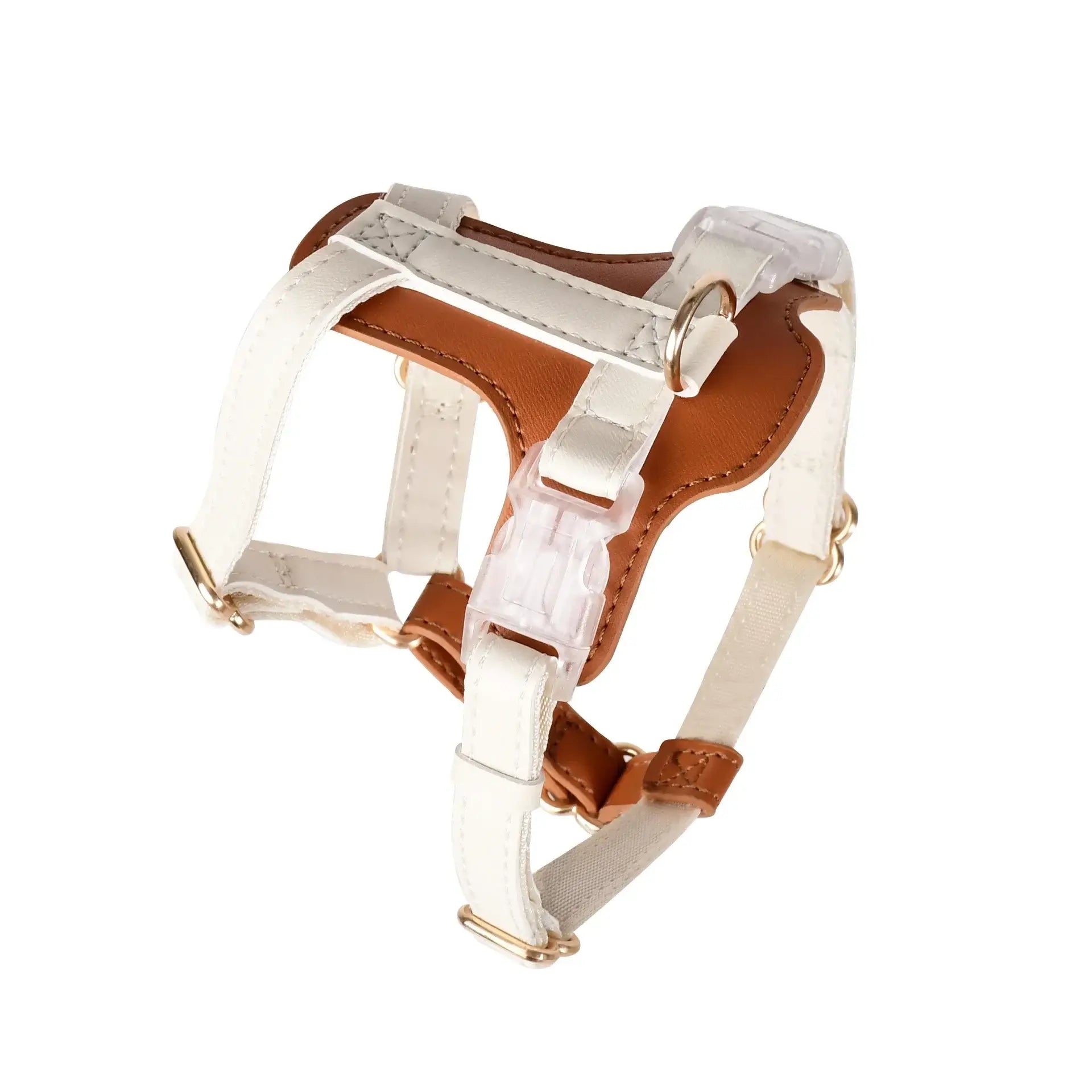 Anti-Lost Cat Leather Harness in brown and white, featuring adjustable straps and secure buckles for comfort and safety.