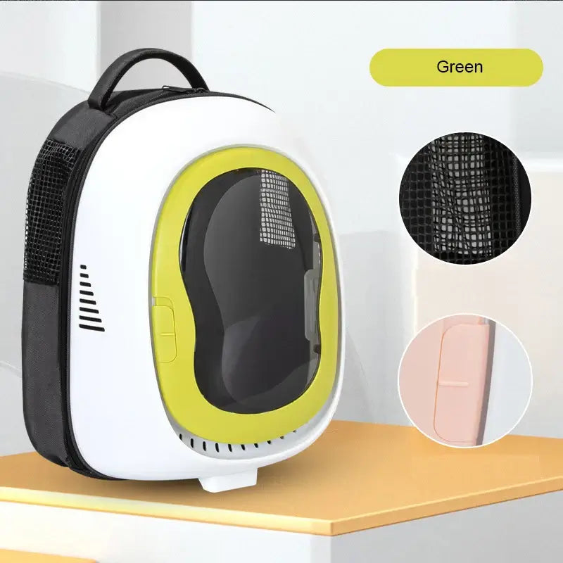Space capsule cat backpack in green, featuring a transparent window and breathable mesh for comfortable travel.