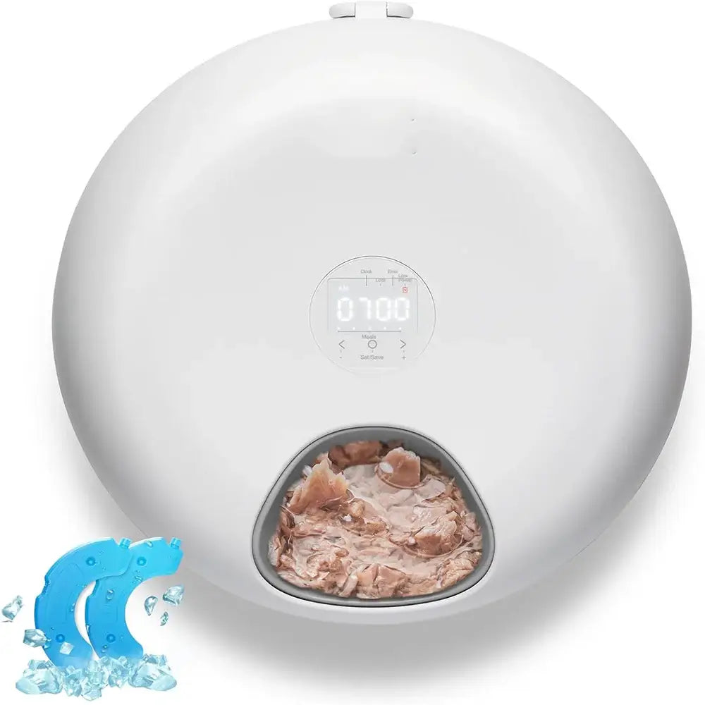 WiFi Smart Pet Feeder with portion control, featuring a sleek design and cat food dispensing area for scheduled feeding.