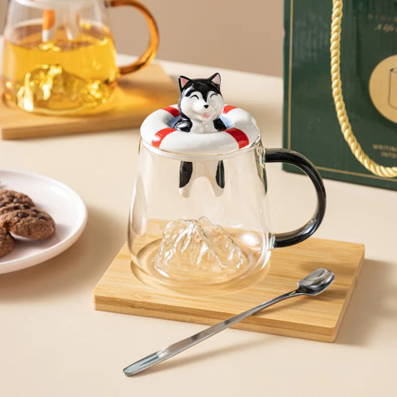 Adorable Shiba Inu Husky Glass Mug with Lid & Spoon