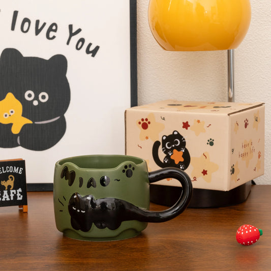Vintage Cat Ceramic Breakfast Cup, 380ml Stacked Mug Cute Dormitory Coffee Home Drinking Cup Birthday Gift Drinkware