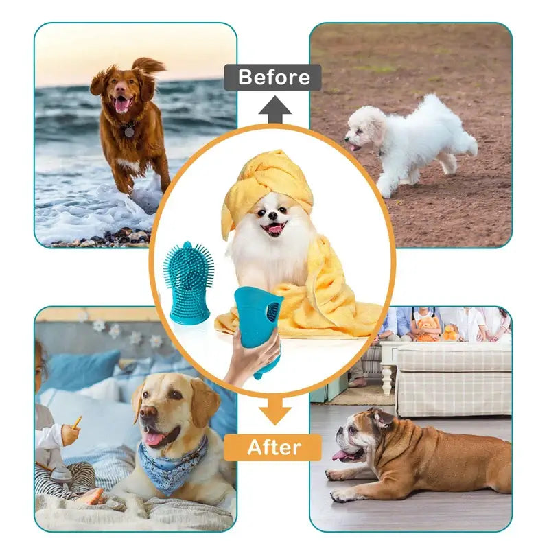 Before and after images of dogs using the 2-in-1 Dog Paw Cleaner & Grooming Brush, showcasing clean paws and a happy pet.
